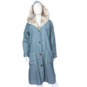 Denim Hooded Coat With Fleece Lining Womens Long Button-Down Jacket Blue Large